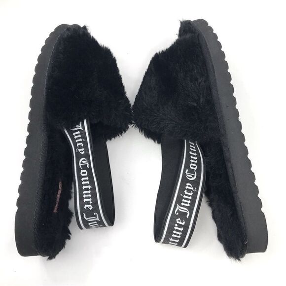 Juicy Couture Black Fuzzy Faux Fur Peep Toe Signature Slippers - Picture 3 of 10